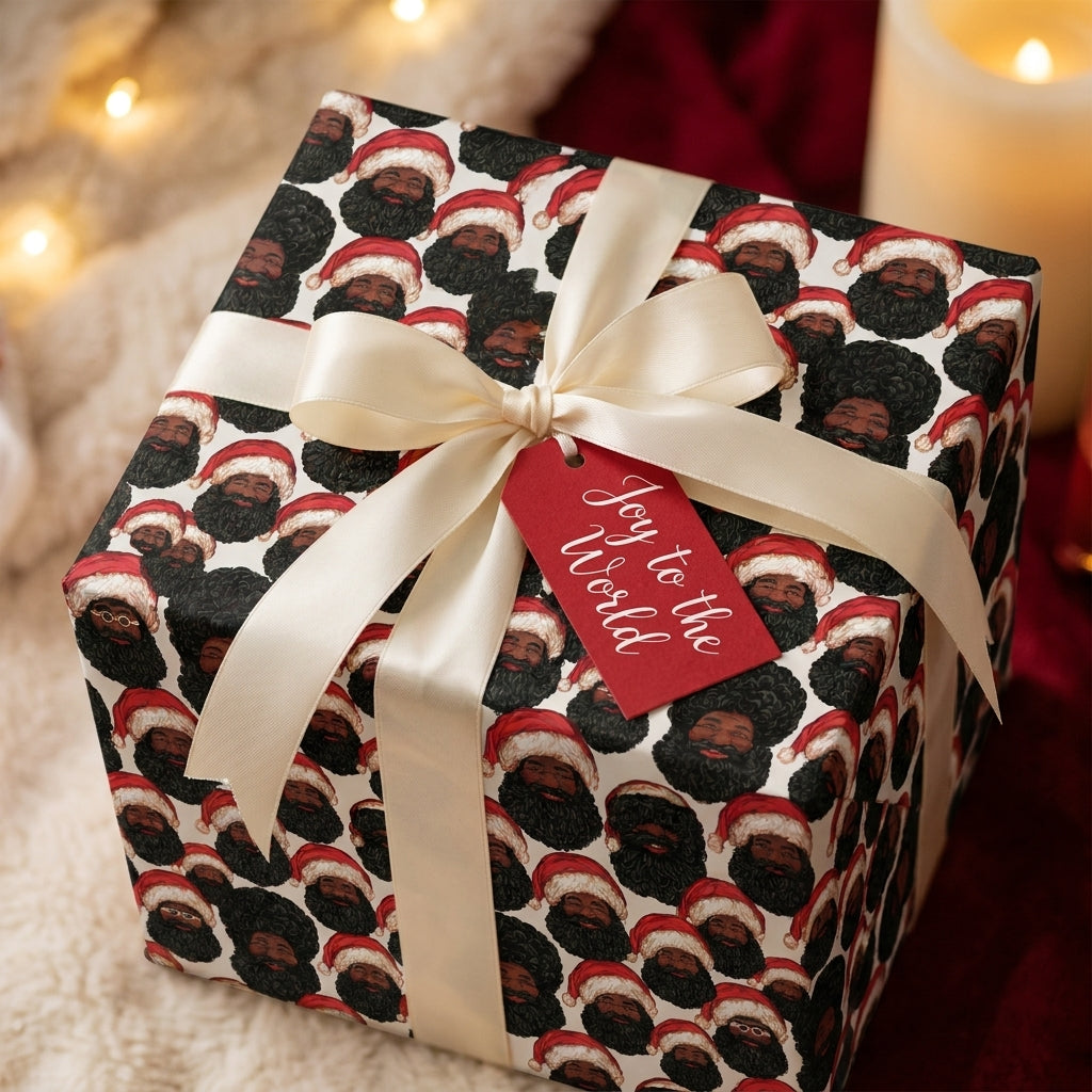 African American Black Santa Christmas wrapping paper with a cream ribbon by Wrapped Studios.