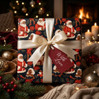 Black Santa Christmas wrapping paper with a cream satin bow and gift tag by Wrapped Studios.