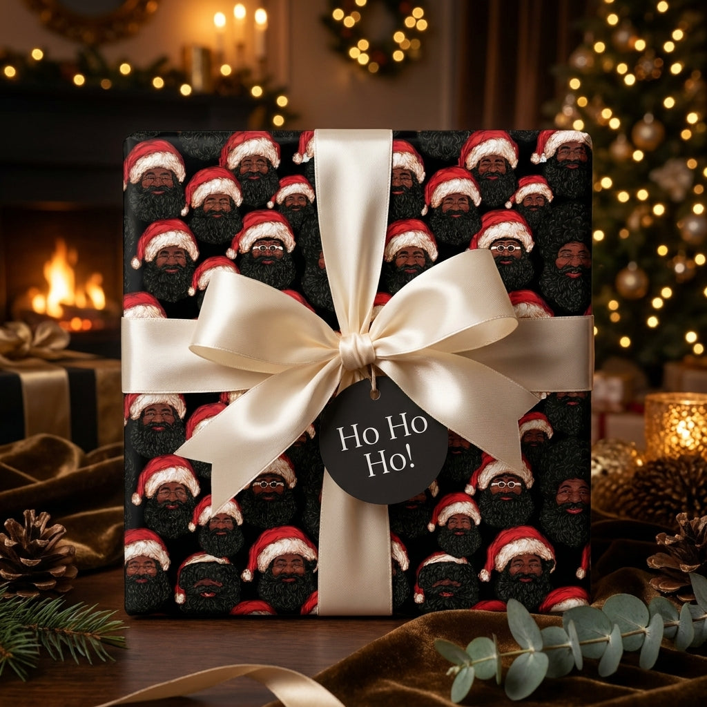 Black Santa Christmas gift wrap with a cream satin bow by Wrapped Studios in a cozy holiday scene.
