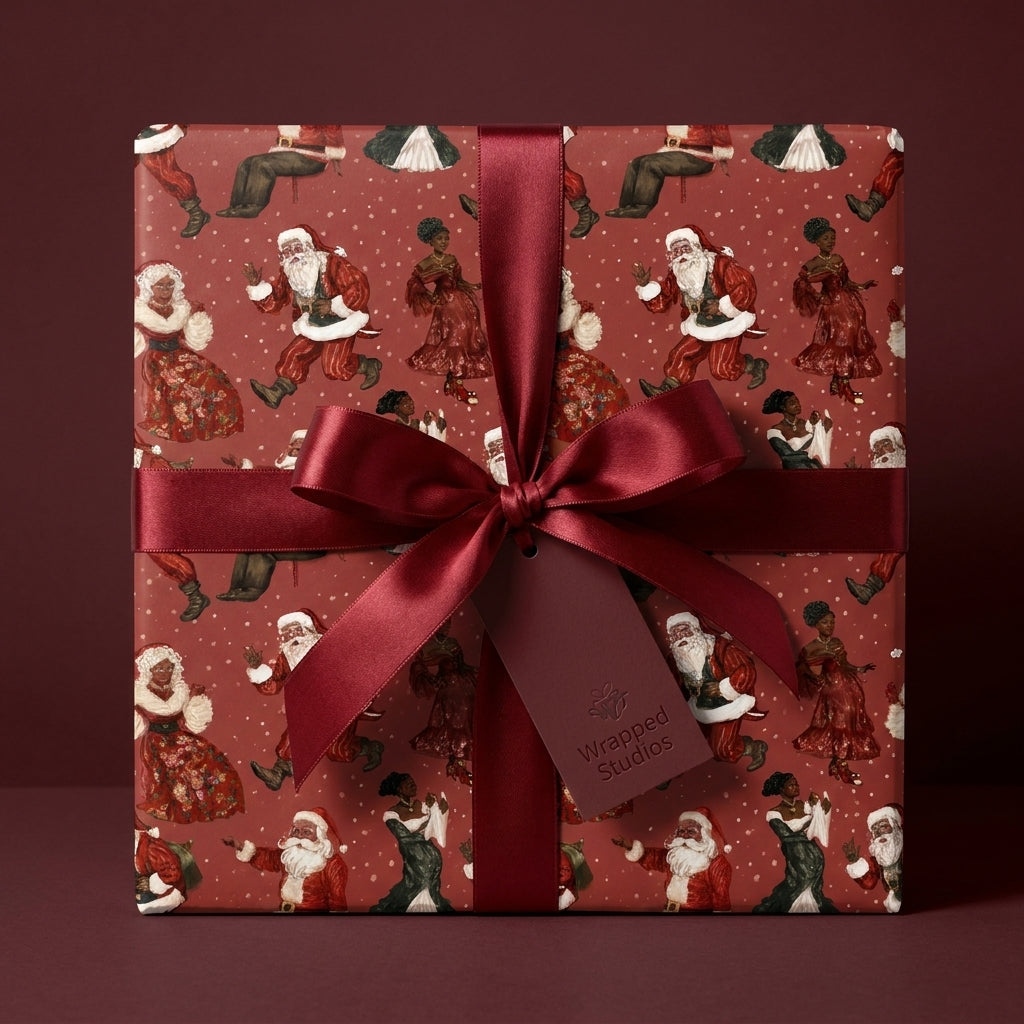 Luxury Black Santa holiday wrapping paper with a burgundy satin bow on a gift box by Wrapped Studios.