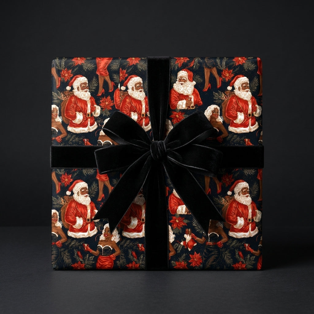 Black Santa wrapping paper with vintage Christmas design and black velvet bow by Wrapped Studios.