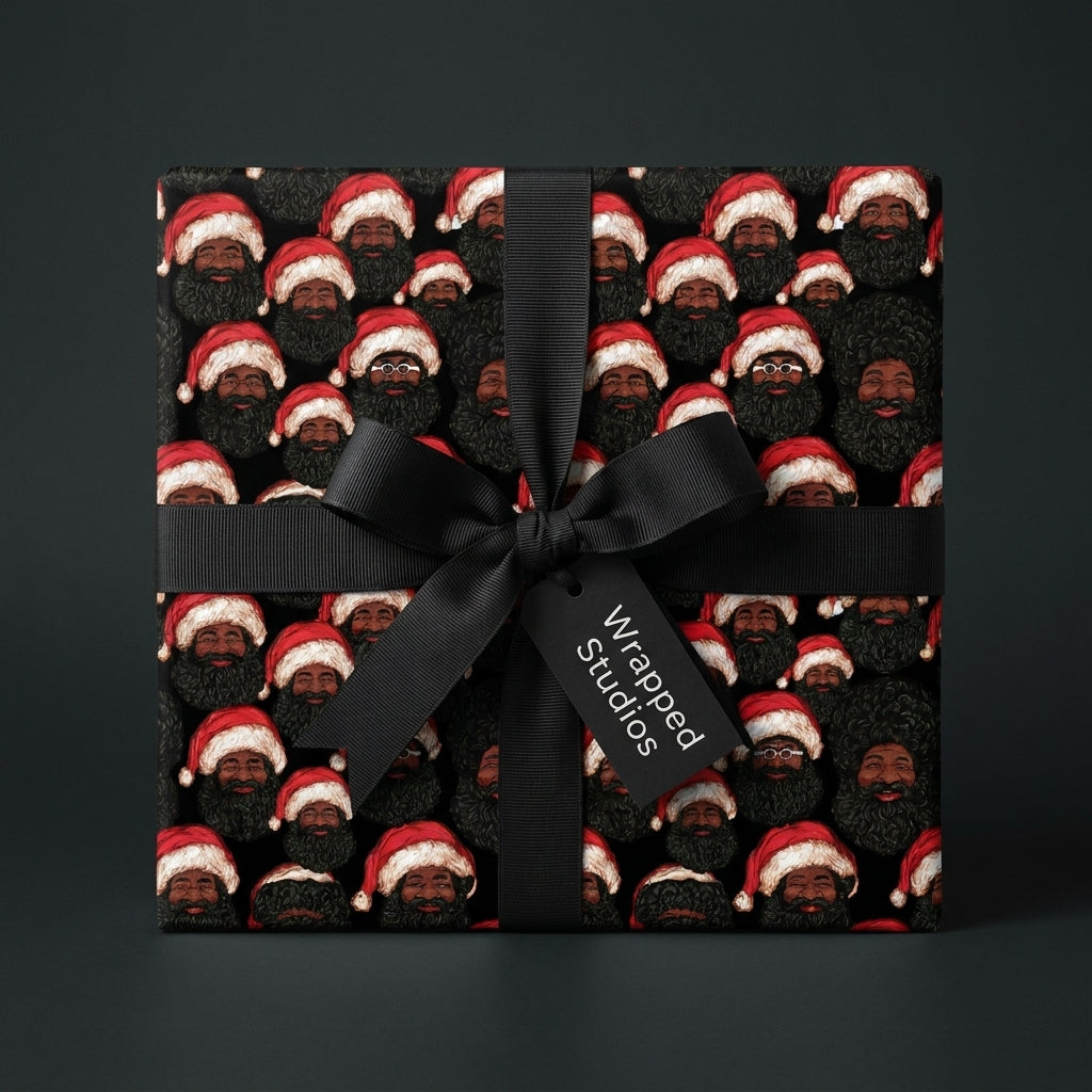 African American Black Santa Christmas wrapping paper with a black bow by Wrapped Studios.