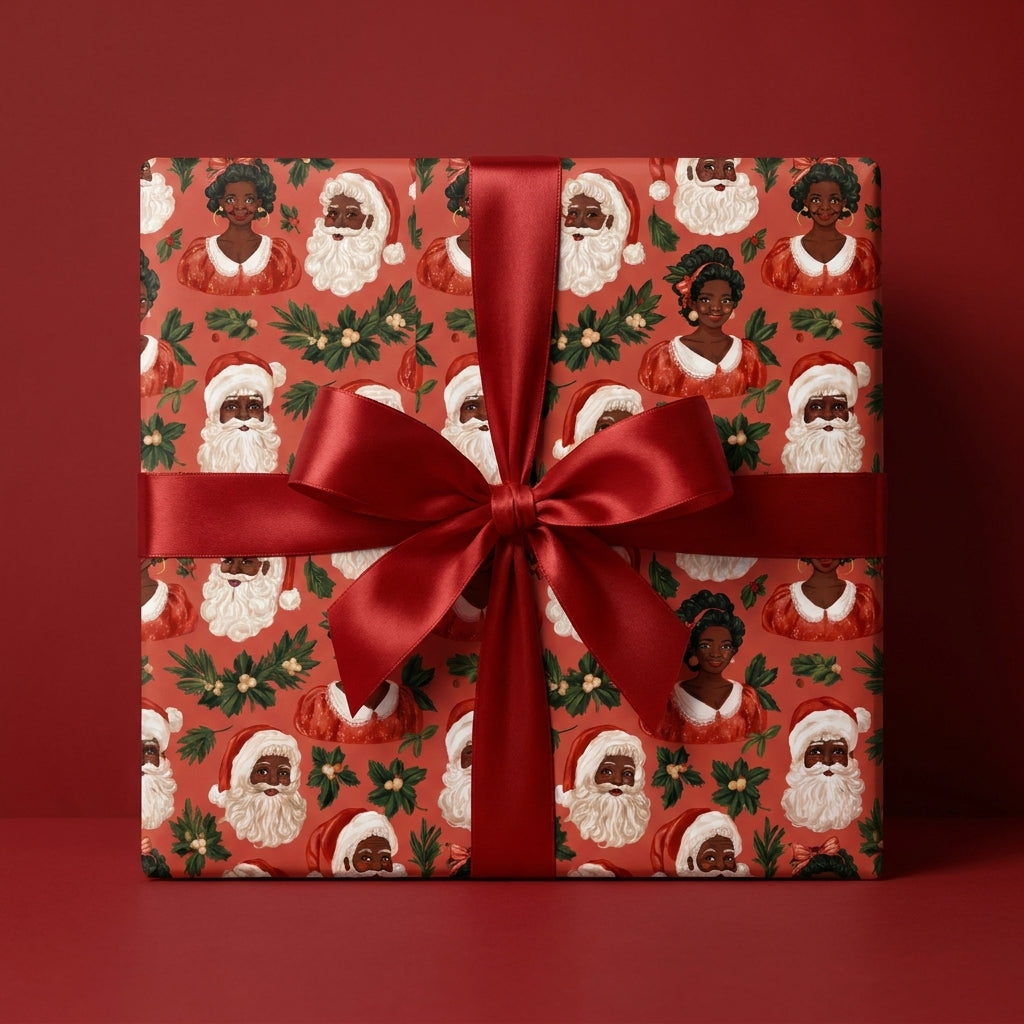 Black Santa and Mrs. Claus Christmas wrapping paper with a red satin bow by Wrapped Studios.