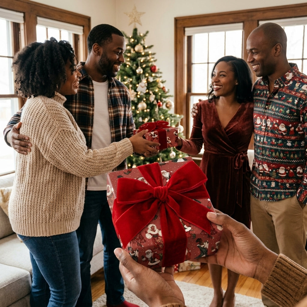Family exchanging holiday gifts in red Christmas wrapping paper with velvet bows by Wrapped Studios.