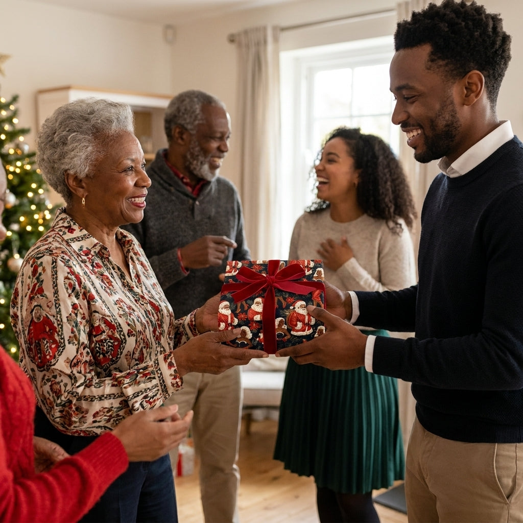 Family exchanging gifts wrapped in Black Santa Christmas wrapping paper with red ribbon by Wrapped Studios.