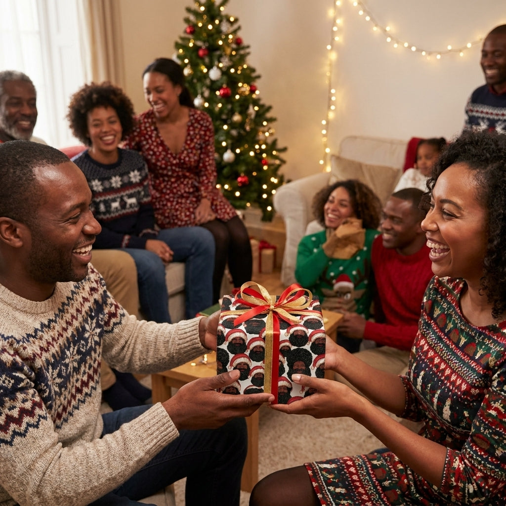 Black family exchanging a gift with Black Santa Christmas wrapping paper by Wrapped Studios.