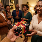 Black Santa Christmas wrapping paper with red and gold ribbon on a holiday gift by Wrapped Studios.