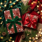 Black Santa luxury Christmas gift wrap by Wrapped Studios on holiday presents with green velvet and red satin bows.