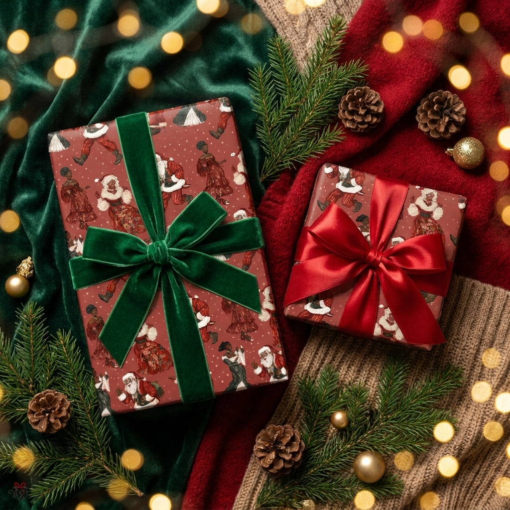 Black Santa luxury Christmas gift wrap by Wrapped Studios on holiday presents with green velvet and red satin bows.