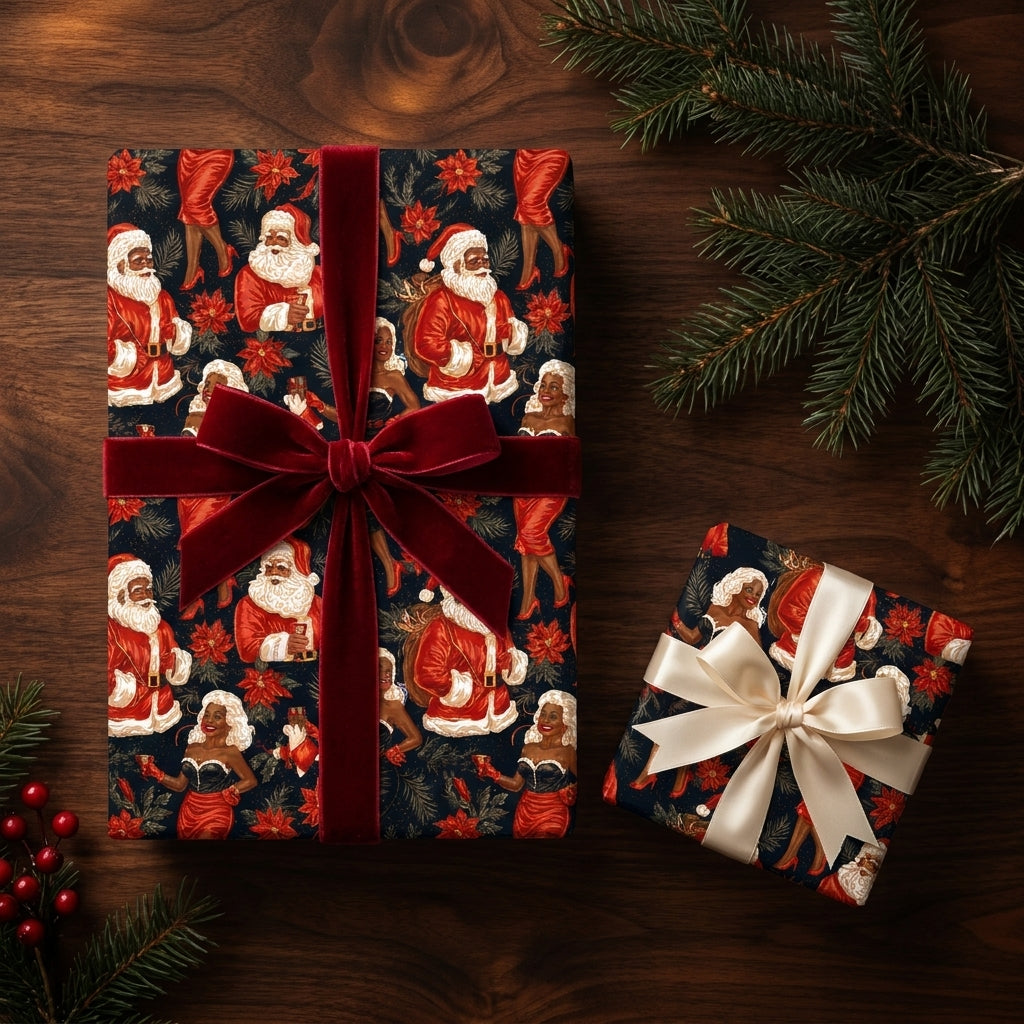 Vintage Black Santa Christmas wrapping paper on holiday gifts with velvet bows, by Wrapped Studios.