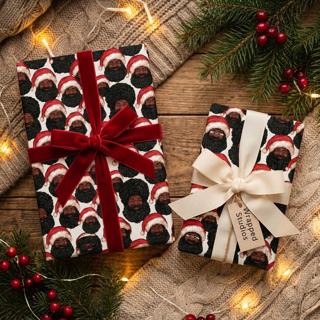 Black Santa Christmas wrapping paper on holiday gifts with red velvet ribbon by Wrapped Studios.