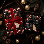 Black Santa wrapping paper on luxury Christmas gifts with velvet and satin bows by Wrapped Studios.
