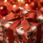 Black Santa Christmas wrapping paper with a red grosgrain ribbon bow by Wrapped Studios.