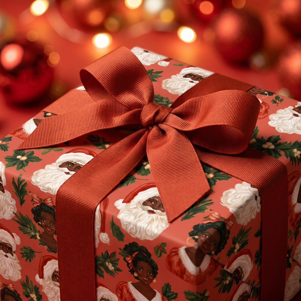 Black Santa Christmas wrapping paper with a red grosgrain ribbon bow by Wrapped Studios.