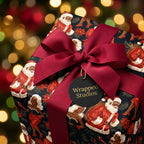 Luxury Black Santa Christmas wrapping paper by Wrapped Studios, with a red bow and festive holiday lights.