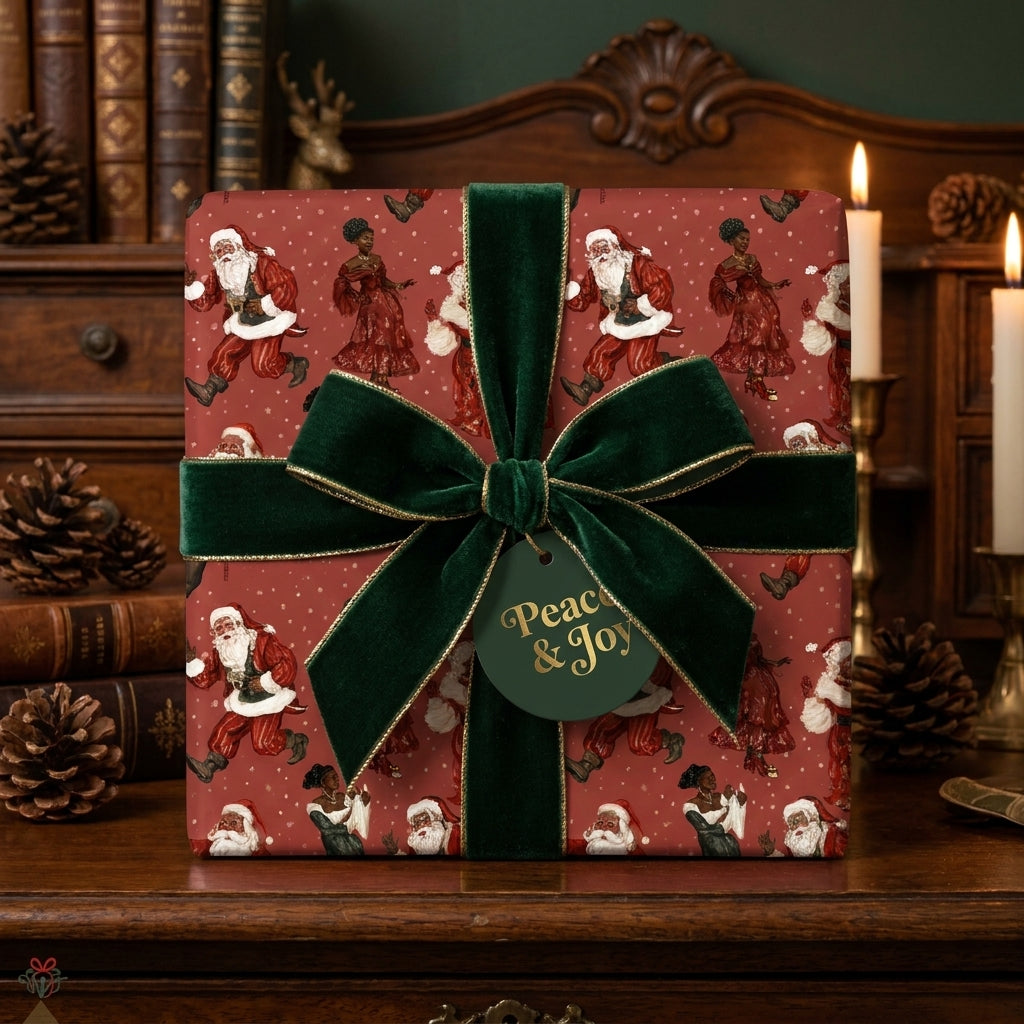 Vintage Black Santa wrapping paper with a green velvet bow, luxury Christmas gift wrap by Wrapped Studios.