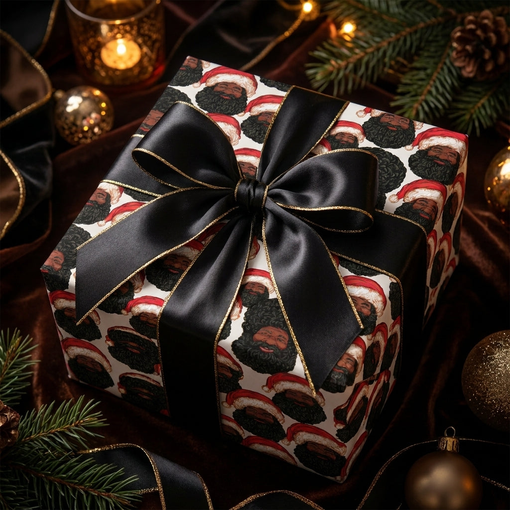 Black Santa luxury Christmas gift wrap with a black satin bow on a holiday gift box, by Wrapped Studios.