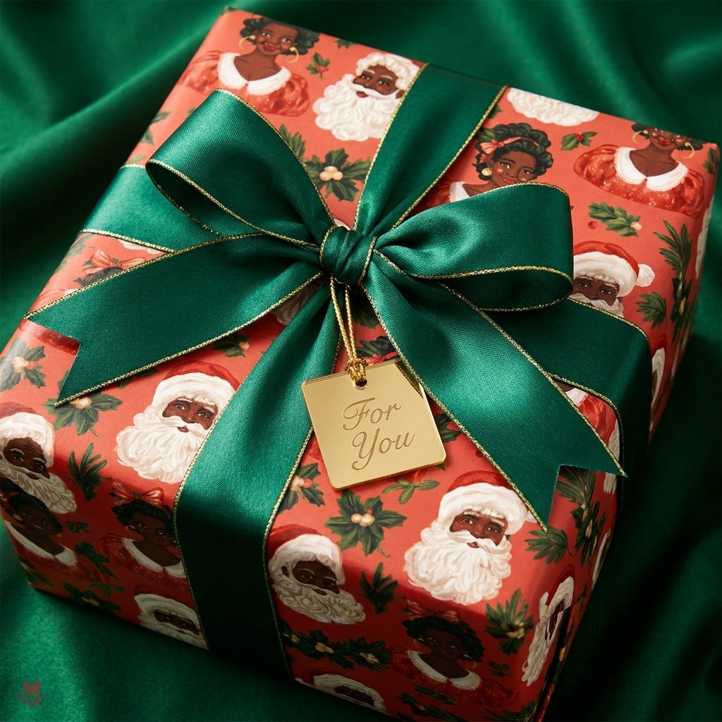 Luxury Black Santa Christmas gift wrap with green satin ribbon and gold tag by Wrapped Studios.