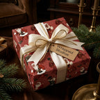 Luxury Black Santa wrapping paper with a white satin ribbon and gift tag by Wrapped Studios.