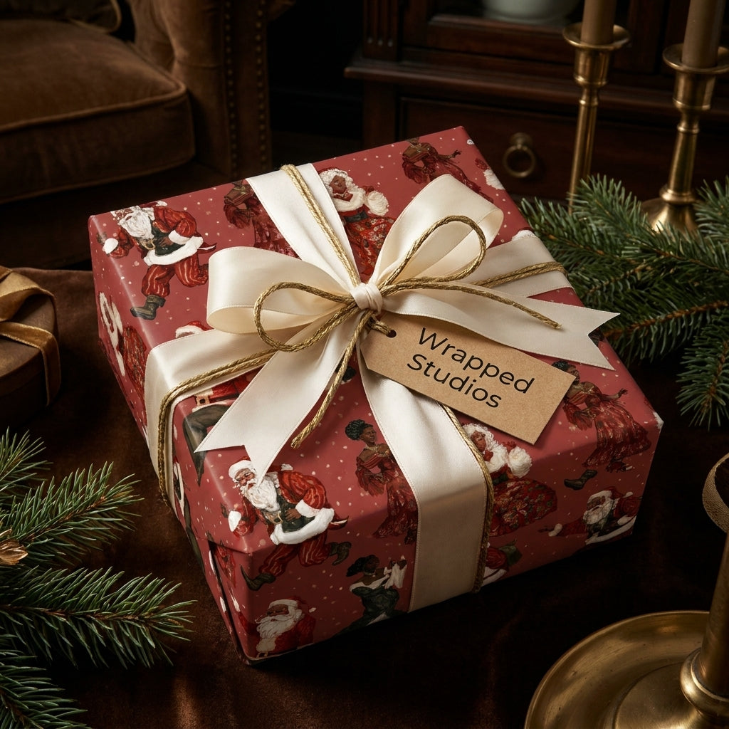 Luxury Black Santa wrapping paper with a white satin ribbon and gift tag by Wrapped Studios.