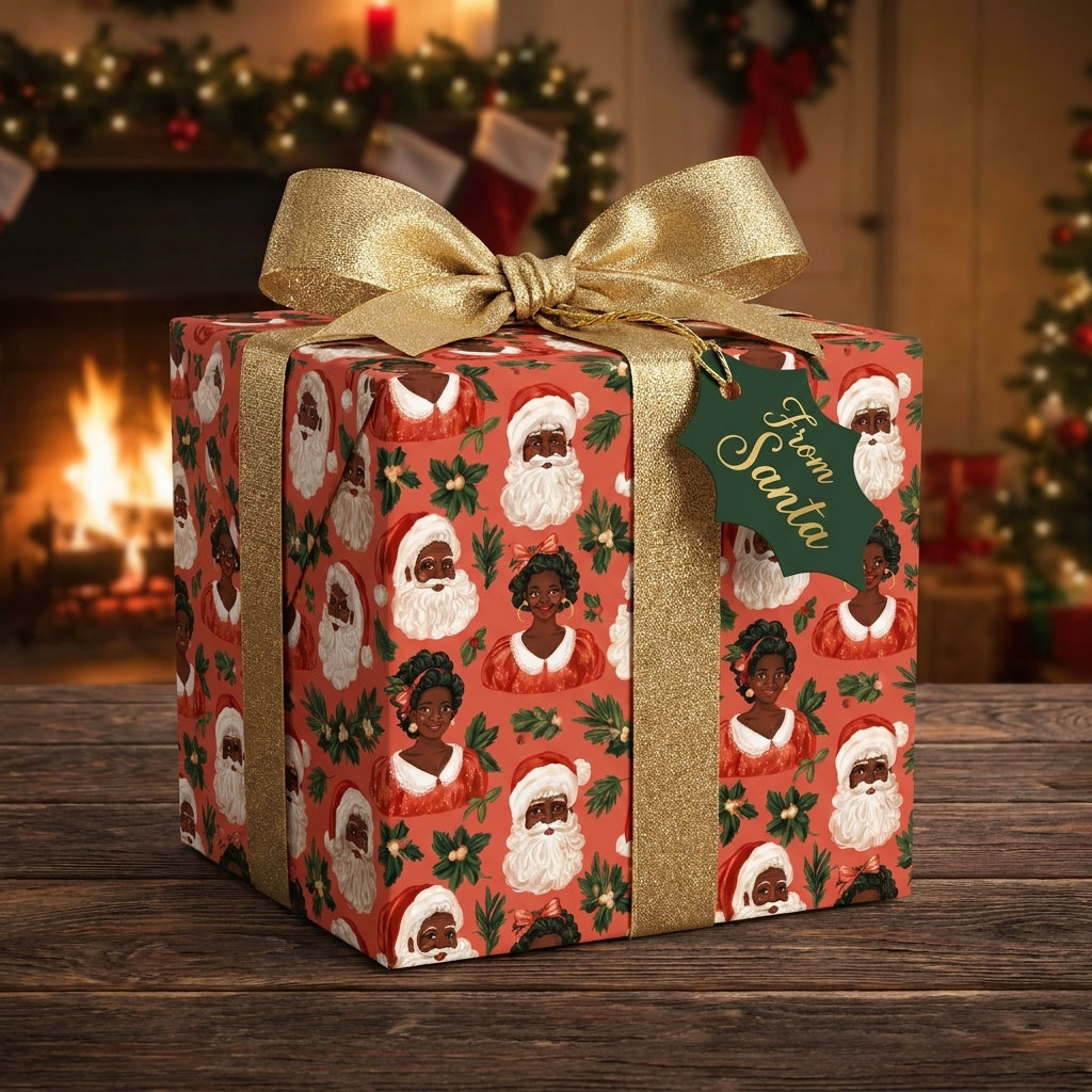 African American Santa Christmas wrapping paper with a gold ribbon by Wrapped Studios.