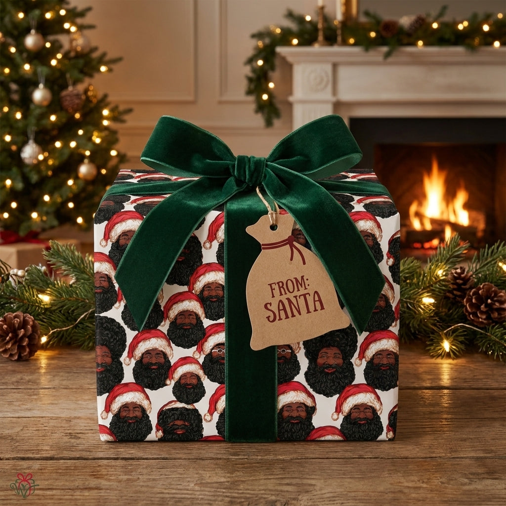 Black Santa wrapping paper with a green velvet bow by Wrapped Studios, in front of a Christmas fireplace.