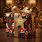 Black Santa and Mrs. Claus luxury Christmas wrapping paper with a gold bow by Wrapped Studios.