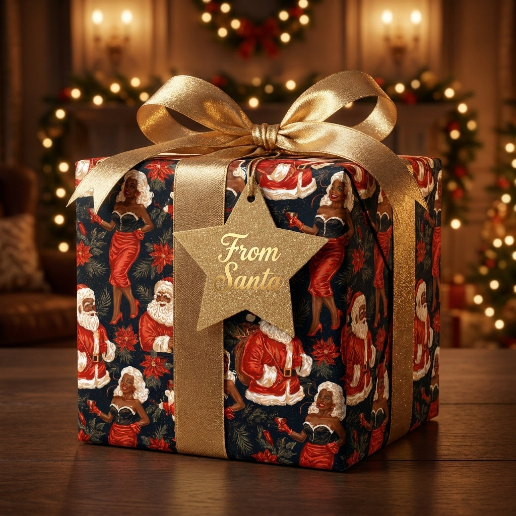 Black Santa and Mrs. Claus luxury Christmas wrapping paper with a gold bow by Wrapped Studios.