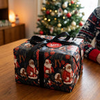 Black Santa Christmas wrapping paper on a holiday gift box with black ribbon by Wrapped Studios.