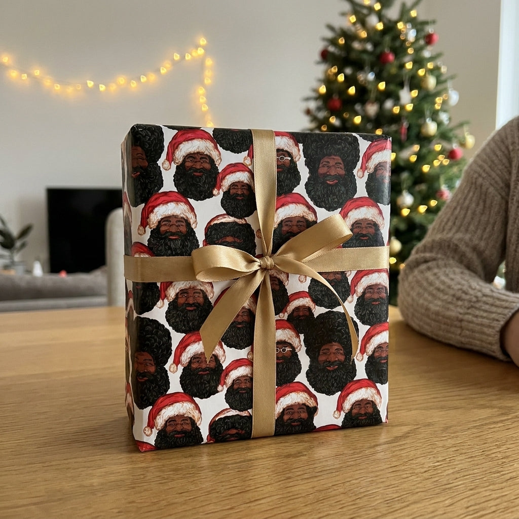 Black Santa Christmas wrapping paper with a gold bow by Wrapped Studios, on a holiday table.