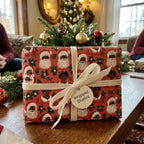 Black Santa Christmas wrapping paper with a white velvet ribbon on a holiday gift by Wrapped Studios.