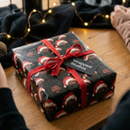 Black Santa Christmas wrapping paper with a red bow and Wrapped Studios tag.