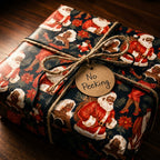 Black Santa vintage Christmas wrapping paper with a "No Peeking" tag by Wrapped Studios.