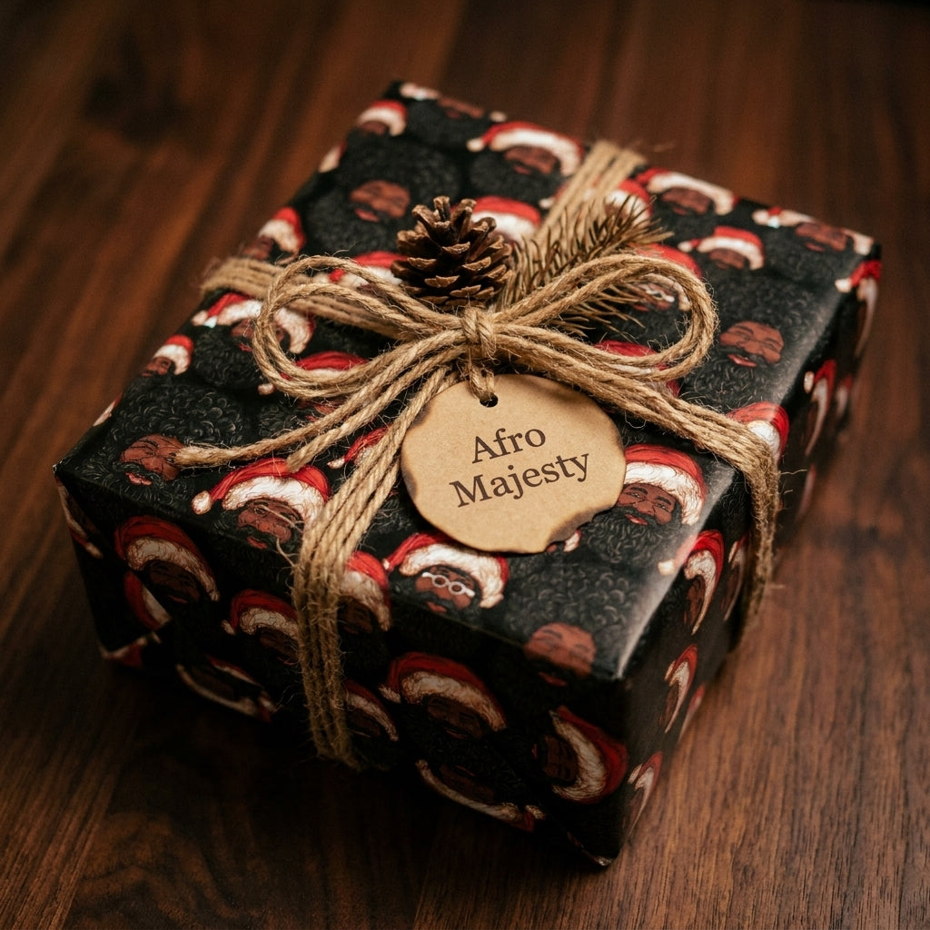 African American Black Santa Christmas gift wrap with rustic twine by Wrapped Studios.