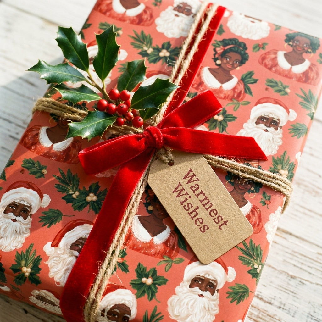 Black Santa Christmas wrapping paper with a red velvet bow and holly by Wrapped Studios.