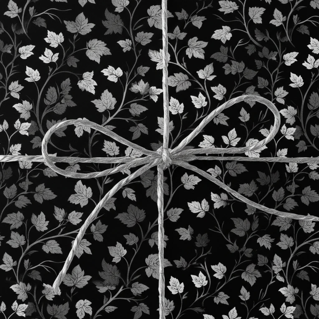 Elegant floral wrapping paper in grayscale, tied with a simple twine bow.