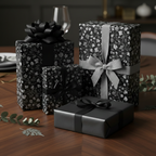 Elegant gifts wrapped in black floral wrapping paper with black and silver ribbons.