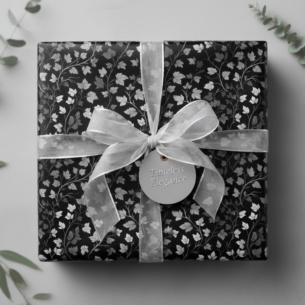 Elegant gift box in black floral wrapping paper with silver ribbon and "Timeless Elegance" tag.