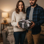 Couple exchanging a gift wrapped in black floral wrapping paper with a silver ribbon.