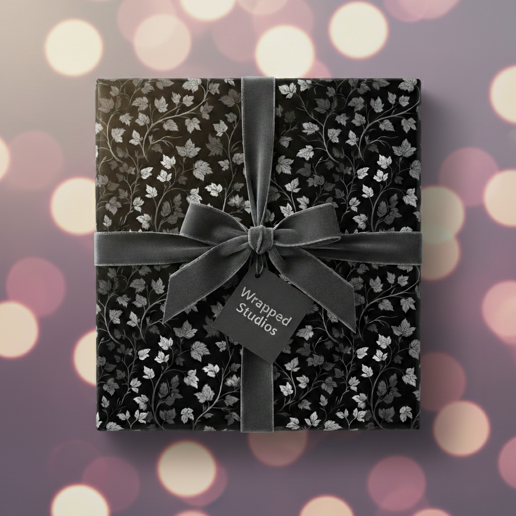 Elegant black floral wrapping paper with a velvet gray ribbon and bow for luxury gift wrap.