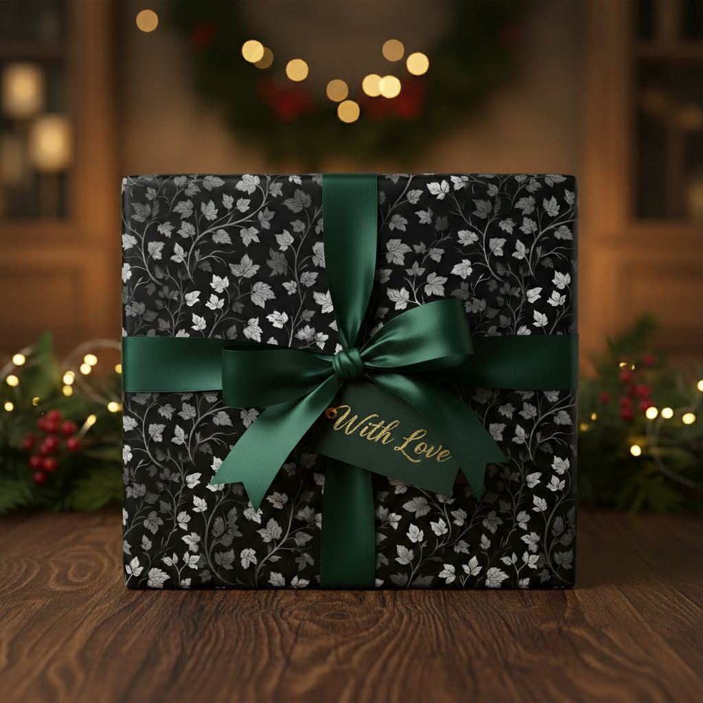 Elegant Christmas gift wrap with silver leaf pattern, dark green ribbon, and "With Love" tag.