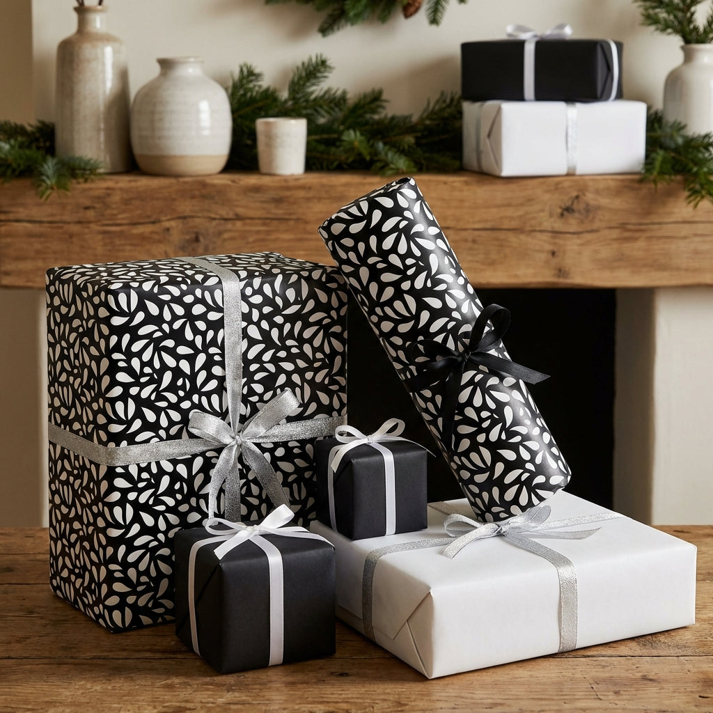 Elegant black and white teardrop wrapping paper and solid boxes with silver and black ribbons on a rustic holiday mantel.