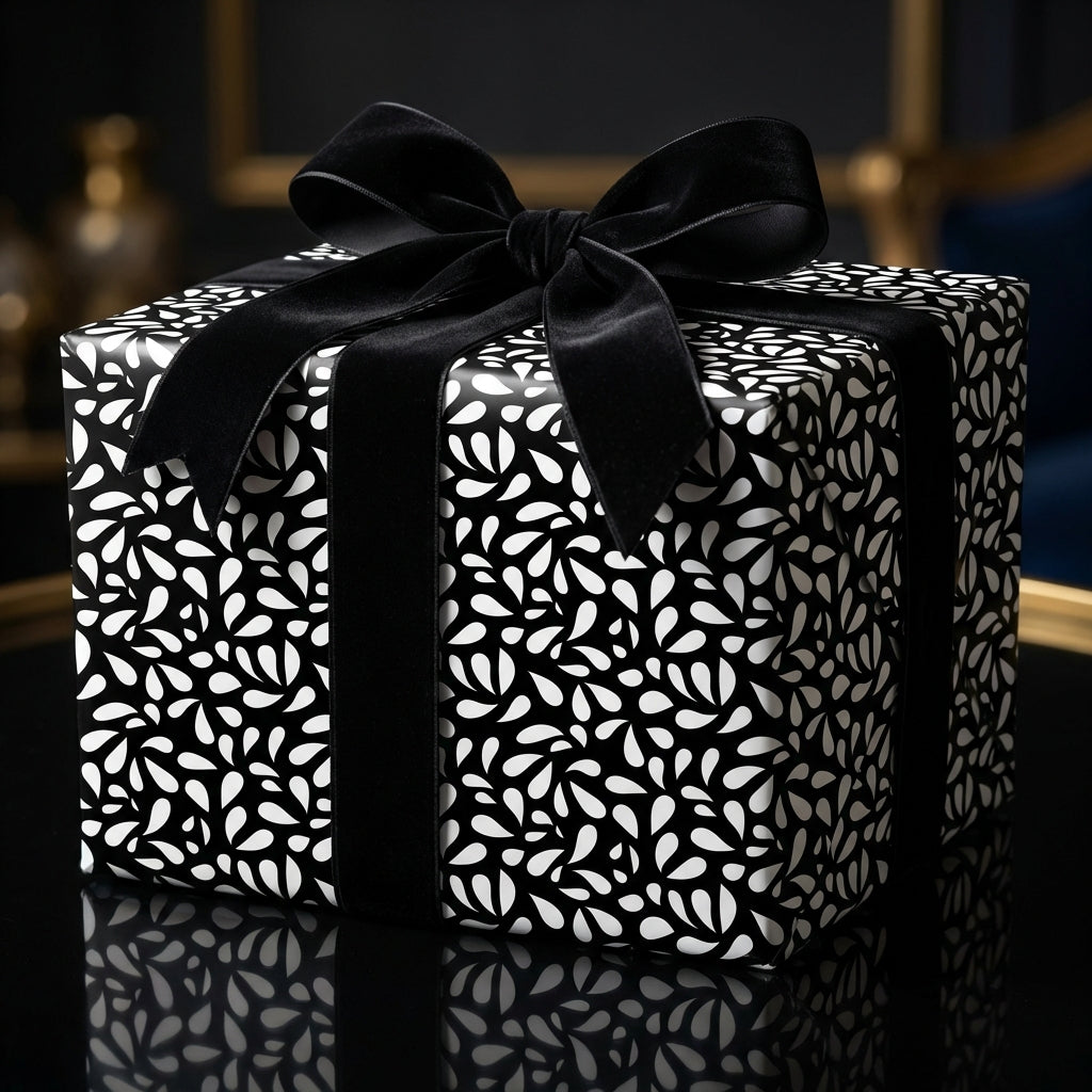 Modern black and white abstract leaf wrapping paper on an elegant gift box tied with a luxurious black velvet bow.