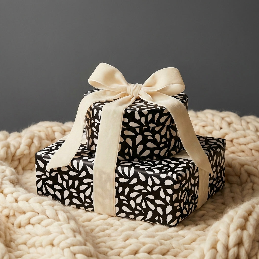 Luxury black and white abstract gift wrap on stacked boxes tied with a thick cream velvet ribbon.