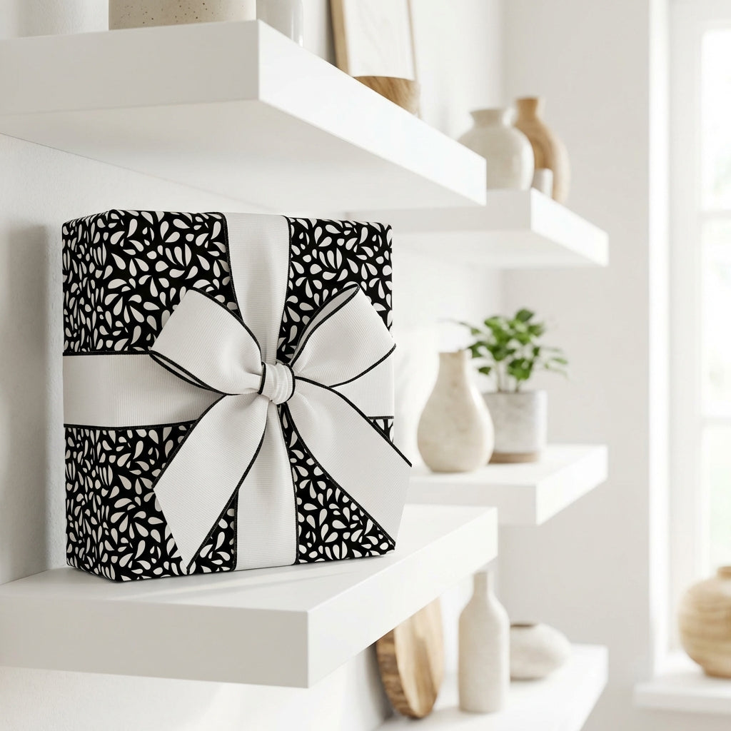 Luxury black and white abstract pattern wrapping paper with a large white bow, perfect for modern, elegant gifting.