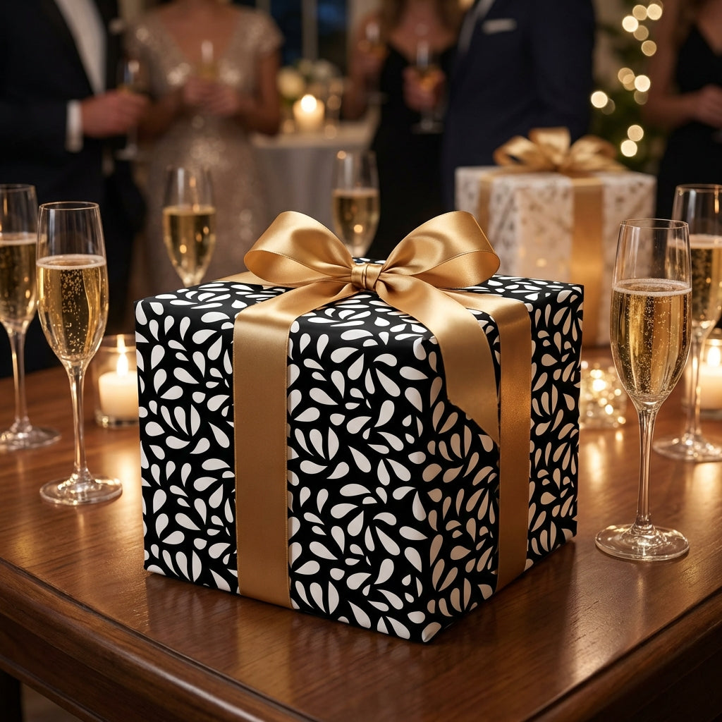Elegant black and white wrapping paper with a large gold satin ribbon bow, ideal for luxury wedding, anniversary, or holiday gifts.