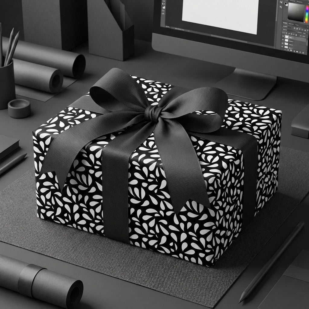 Luxury black gift wrap featuring a modern white leaf pattern and a large black ribbon bow on a present.