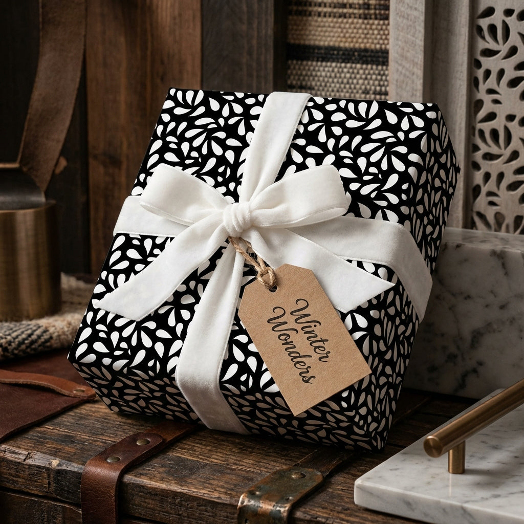 Luxury black and white patterned gift wrap with a large white velvet bow and rustic "Winter Wonders" tag, perfect for Christmas presents.