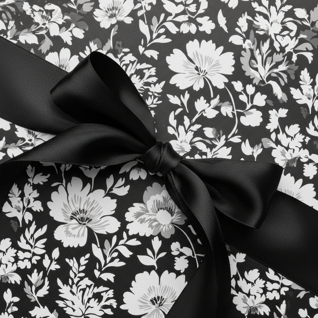 Elegant floral wrapping paper in black and white, tied with a satin black ribbon.
