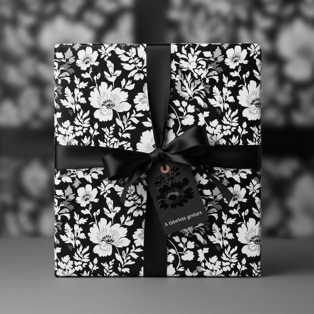 Elegant floral wrapping paper in black and white, tied with a black satin ribbon and gift tag.
